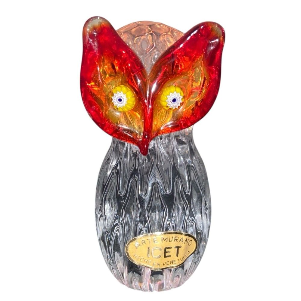 Vintage Art Glass Owl White Eyes Paperweight ICET Arte Murano 3.5"